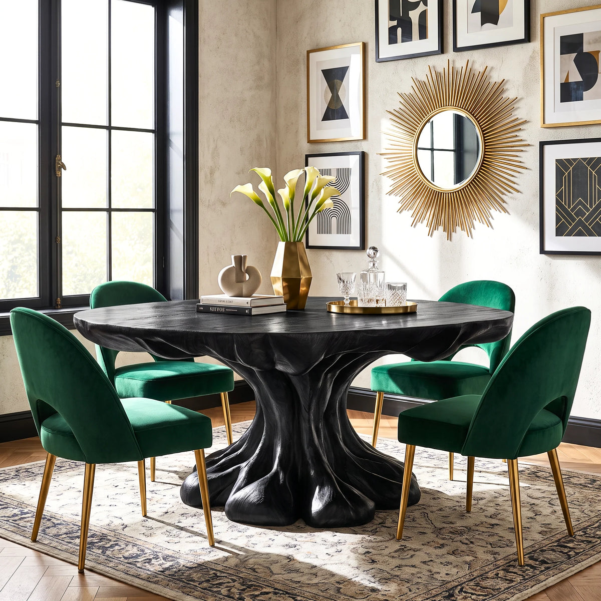 Organic Solid Wood Dining Table with Sculptural Flowing Pedestal Base