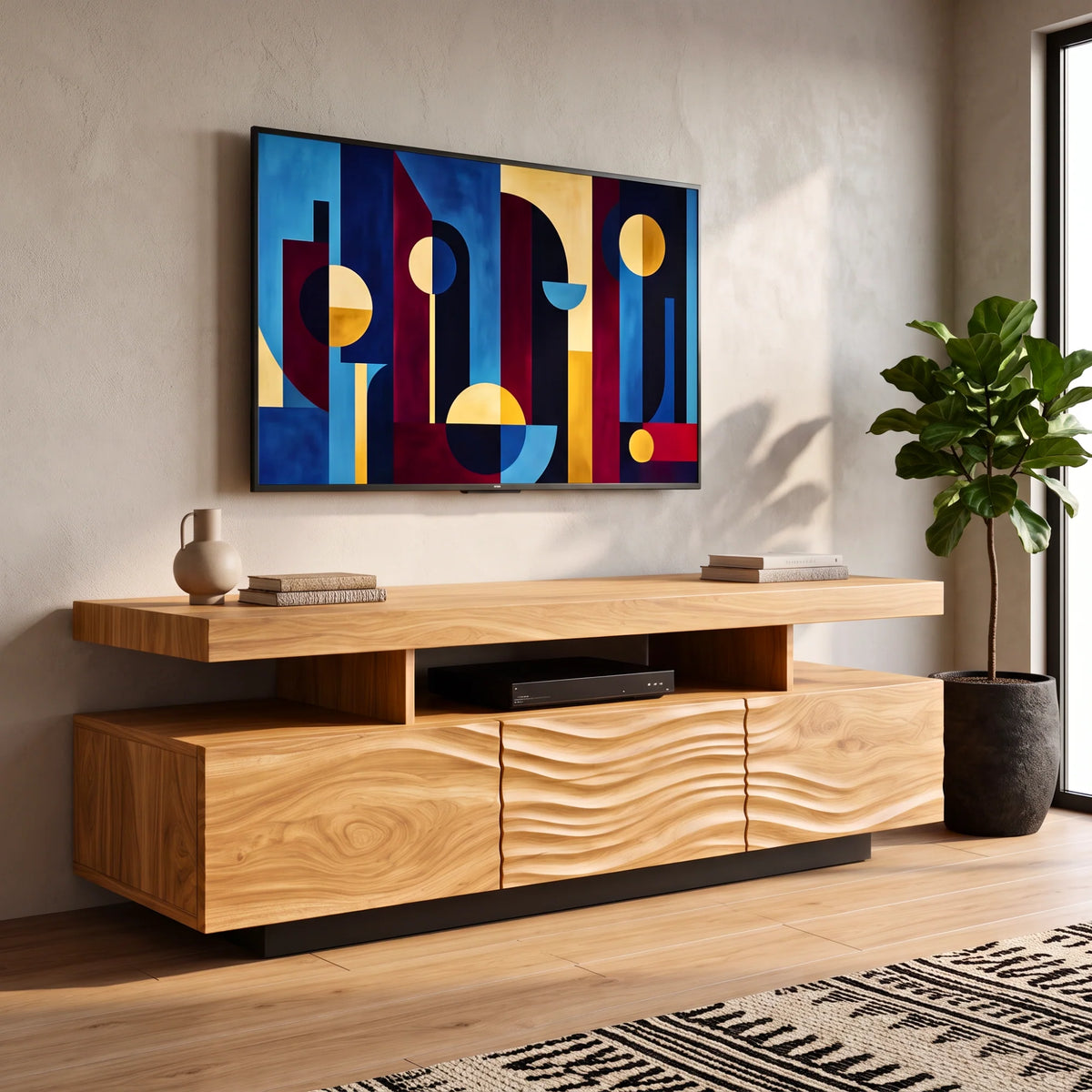 Solid Wood TV Console with Floating Top and Sculpted Wave-Front Cabinet