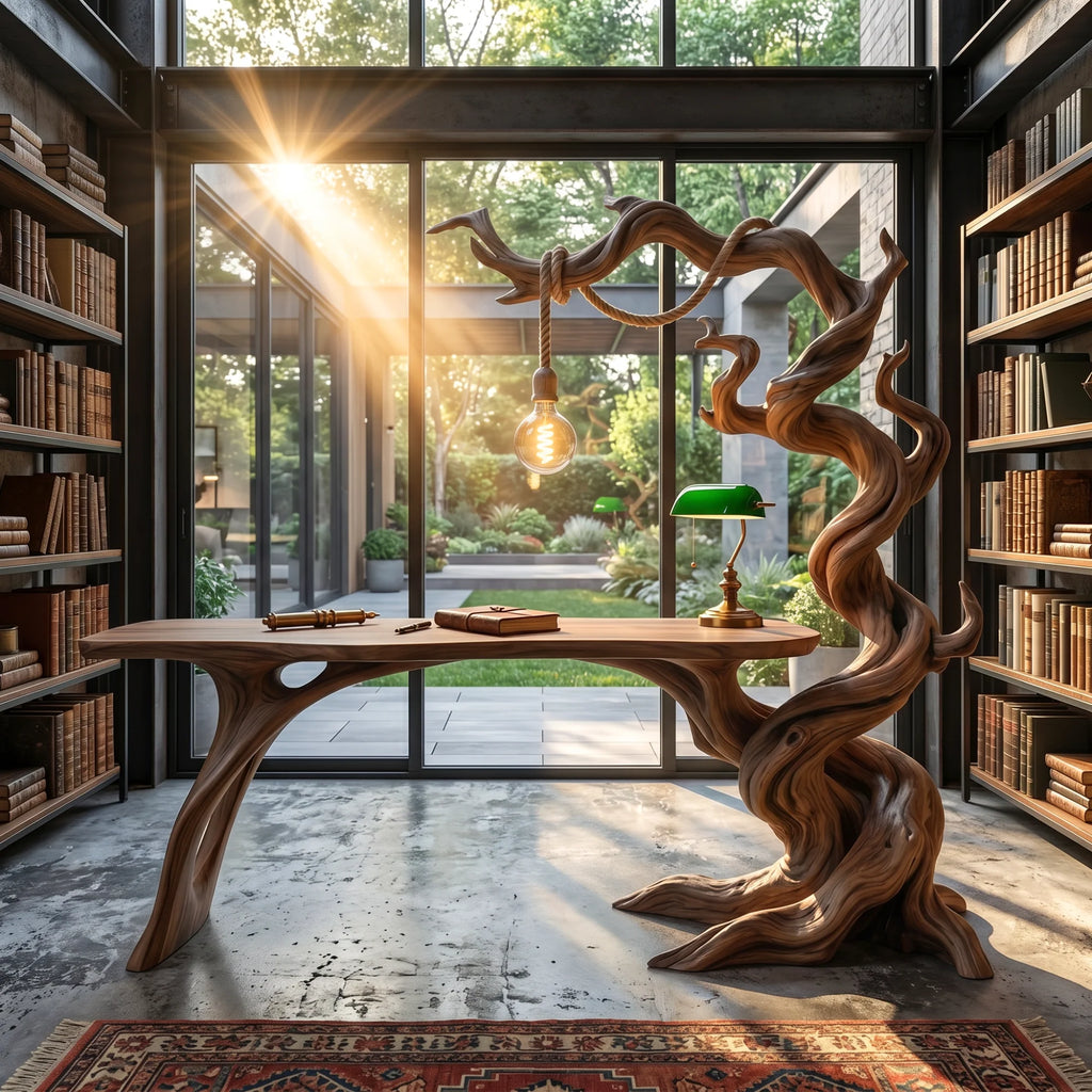 Sculptural Twisted Tree Wood Desk with Hanging Lamp