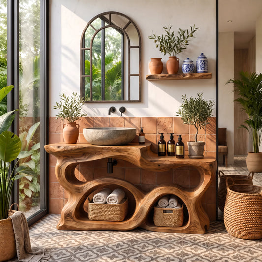 Solid Wood Bathroom Vanity with Sculptural Multi-Arch Design and Integrated Storage