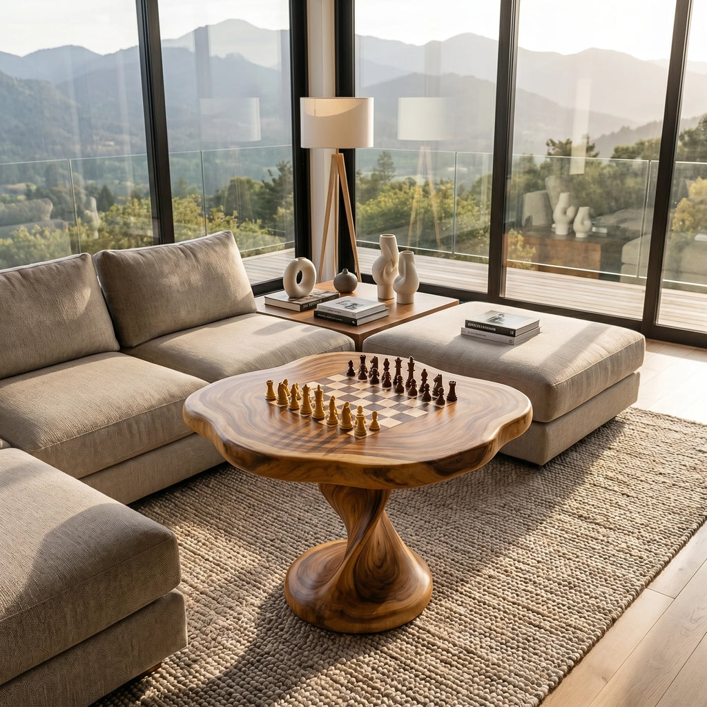 Handcrafted Solid Wood Chess Table with Pedestal Base