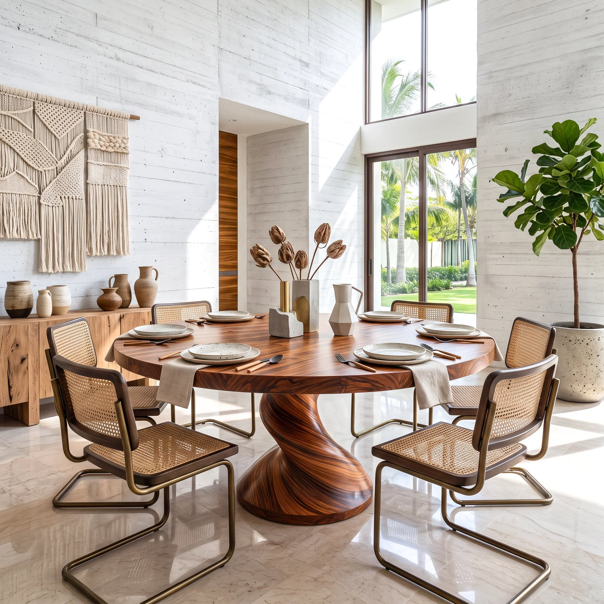 Round Solid Wood Dining Table with Sculptural Twisted Pedestal Base
