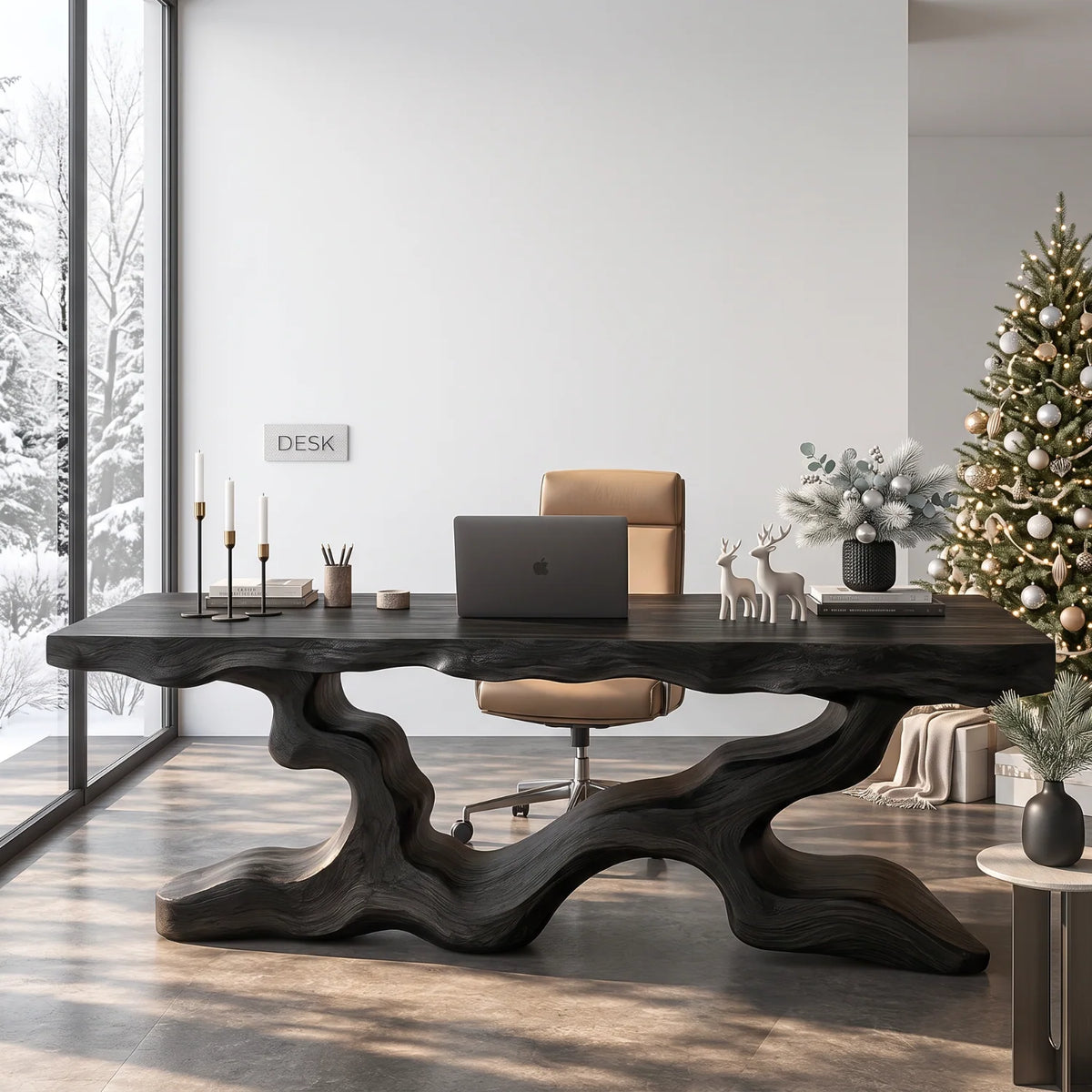 Live Edge Solid Wood Executive Desk with Branch Base