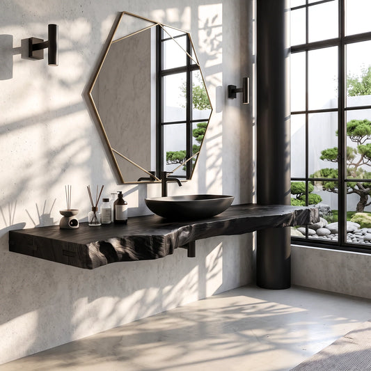 Solid Wood Floating Bathroom Vanity Shelf with Thick Live Edge Slab – Modern Wall-Mounted Wood Shelf