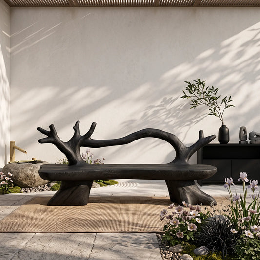 Organic Solid Wood Garden Bench with Sculptural Loop Backrest
