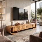 Sculptural Solid Wood TV Stand with Oval Frame and Natural-Grain Doors