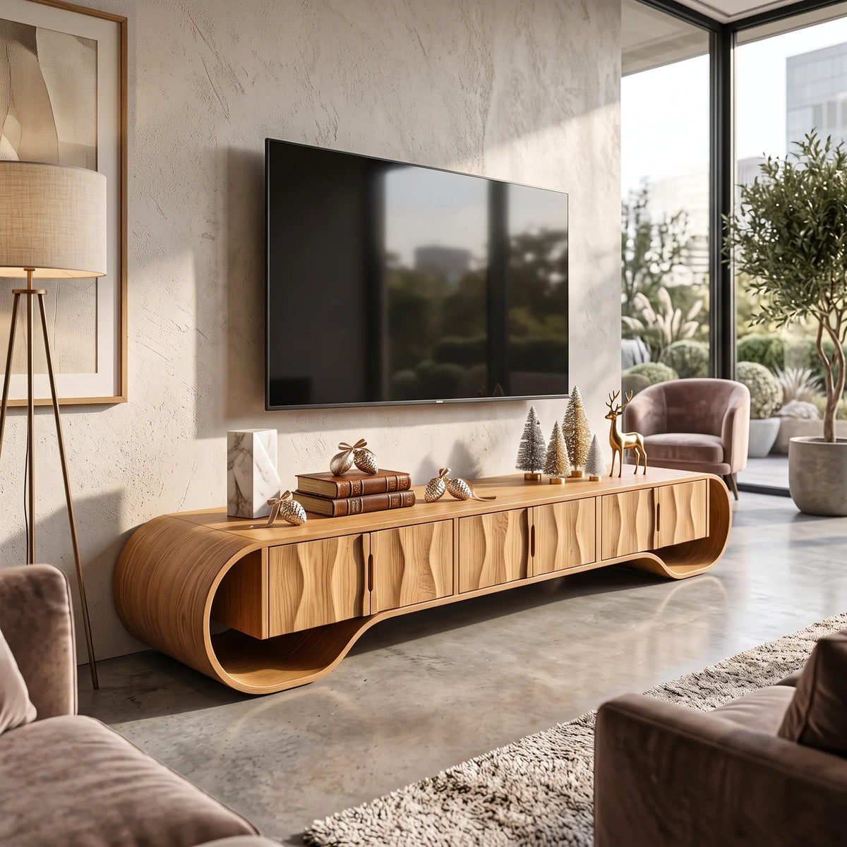Sculptural Solid Wood TV Stand with Oval Frame and Natural-Grain Doors