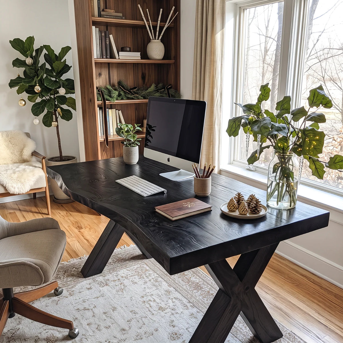 Live Edge Solid Wood Desk with Sculptural X-Shaped Legs – Modern Home Office Desk