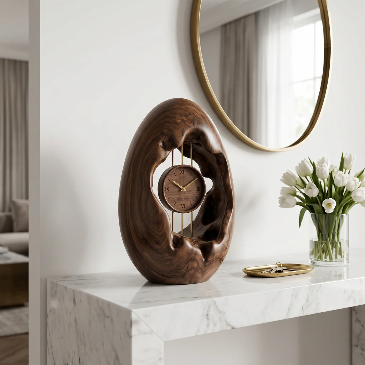Solid Wood Oval Table Clock with Hollow Sculptural Frame – Modern Decorative Desk Clock