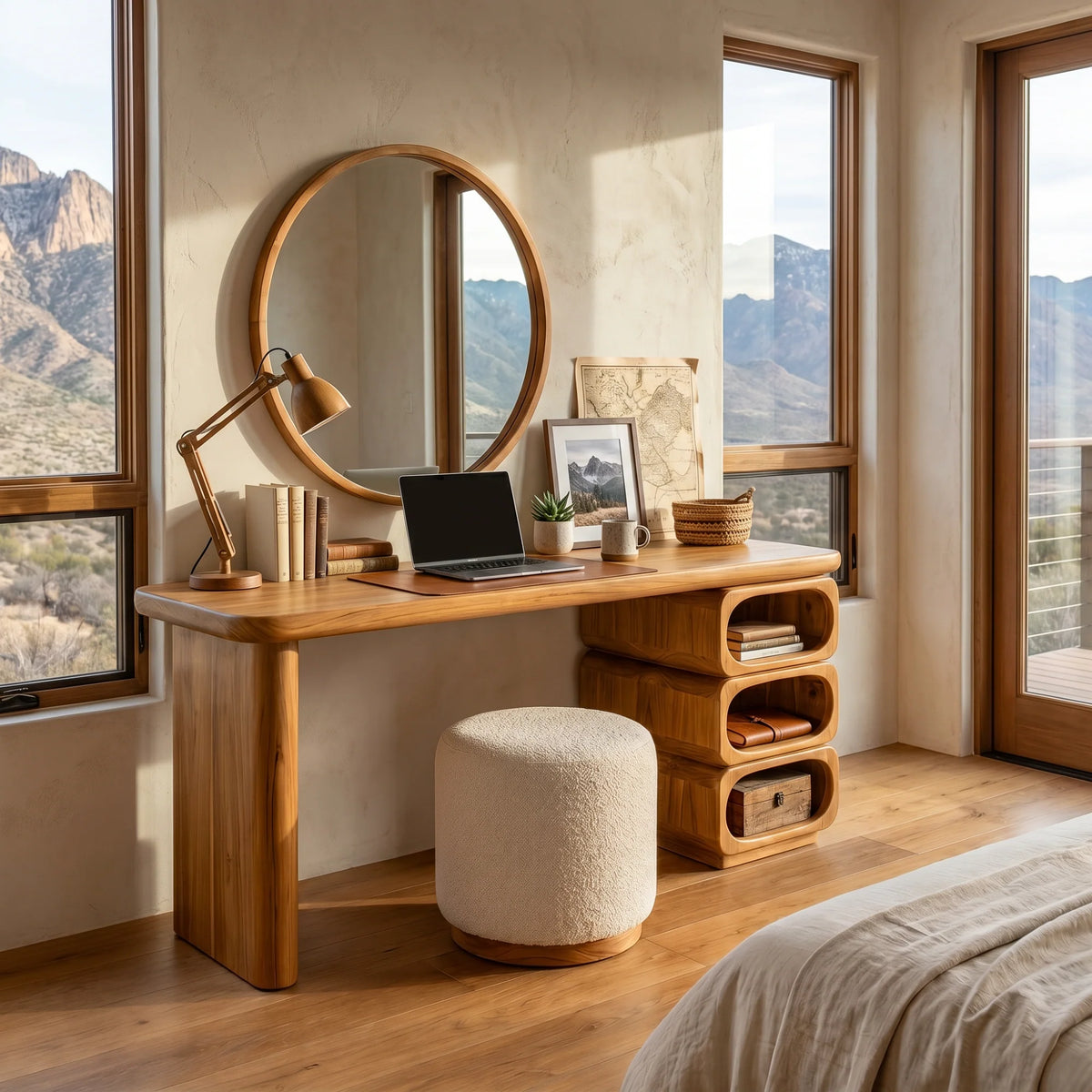 Modern Solid Wood Vanity Table with Rounded Open Shelf and Panel Legs