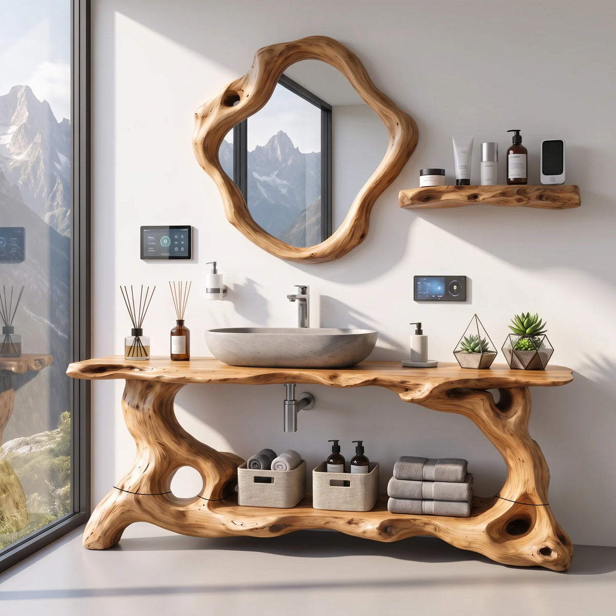 Solid Wood Bathroom Vanity with Sculptural Organic Root Base and Open Shelf Storage