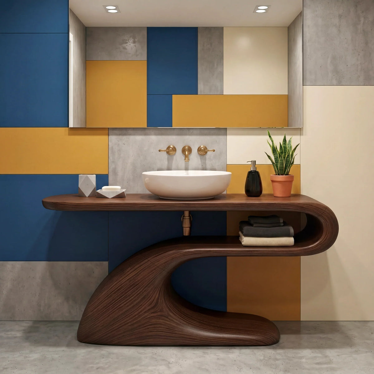 Modern Solid Wood Bathroom Vanity with Sculptural Curved Open Shelf