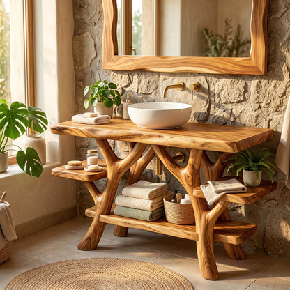 Solid Wood Bathroom Vanity with Sculptural Branch Frame and Open Shelves