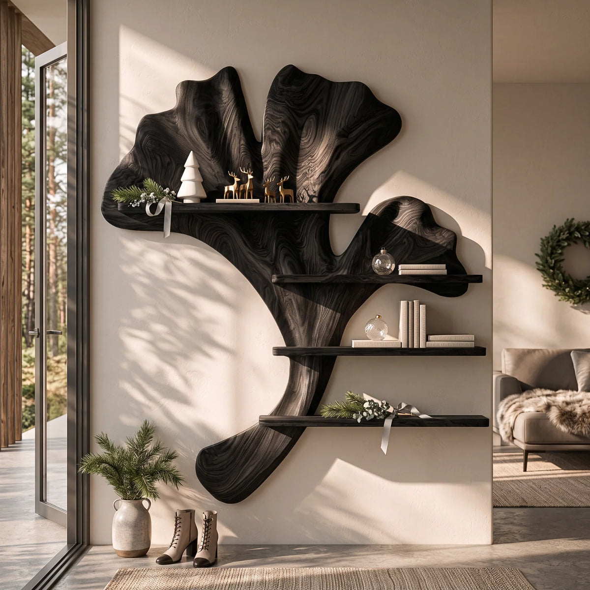 Ginkgo Leaf Solid Wood Sculptural Wall Shelf