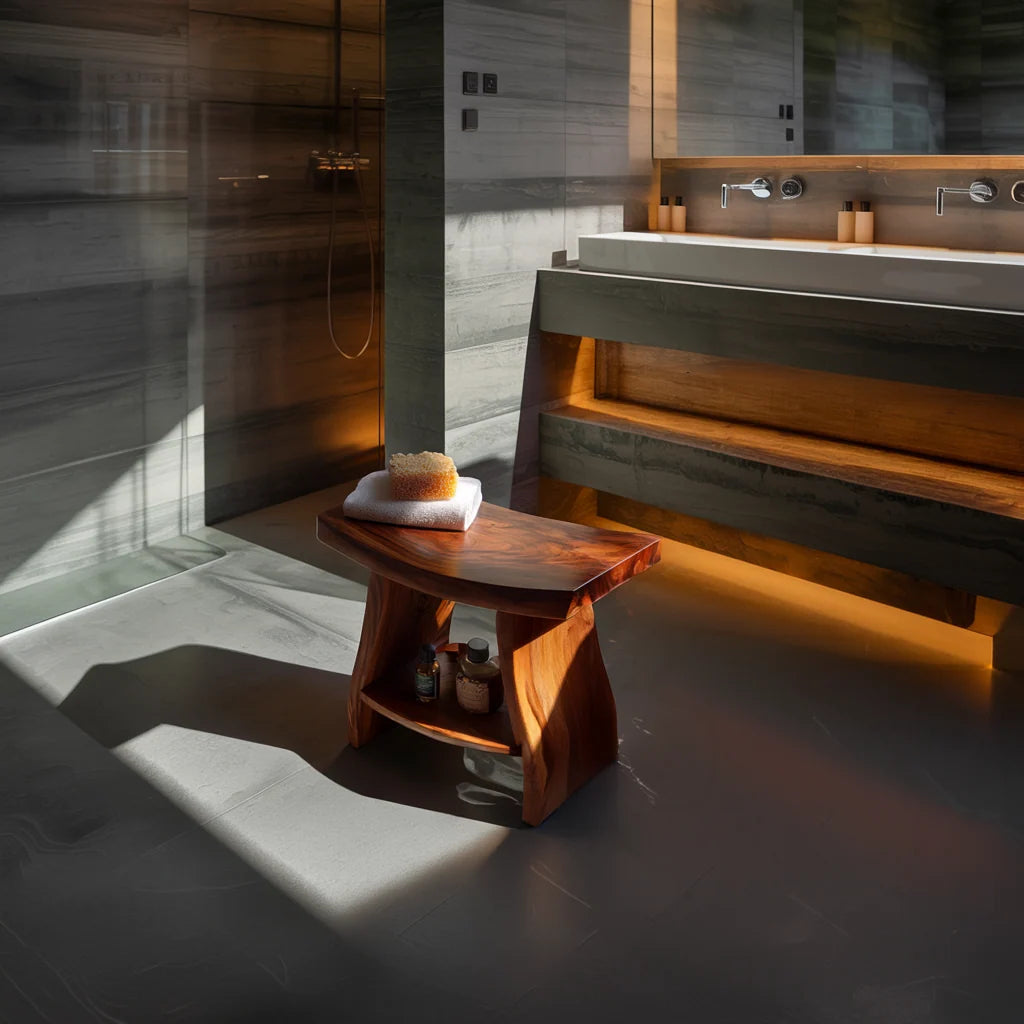 Solid Wood Bathroom Stool with Sculpted Seat and Open Shelf Storage