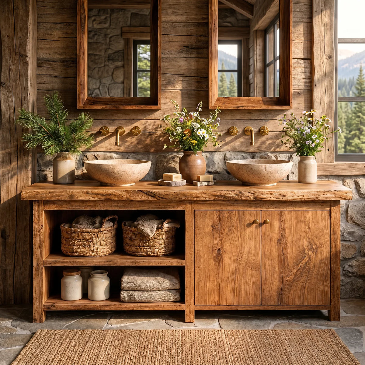 Solid Wood Double Bathroom Vanity – Rustic Wooden Vanity Cabinet for Modern Bathrooms