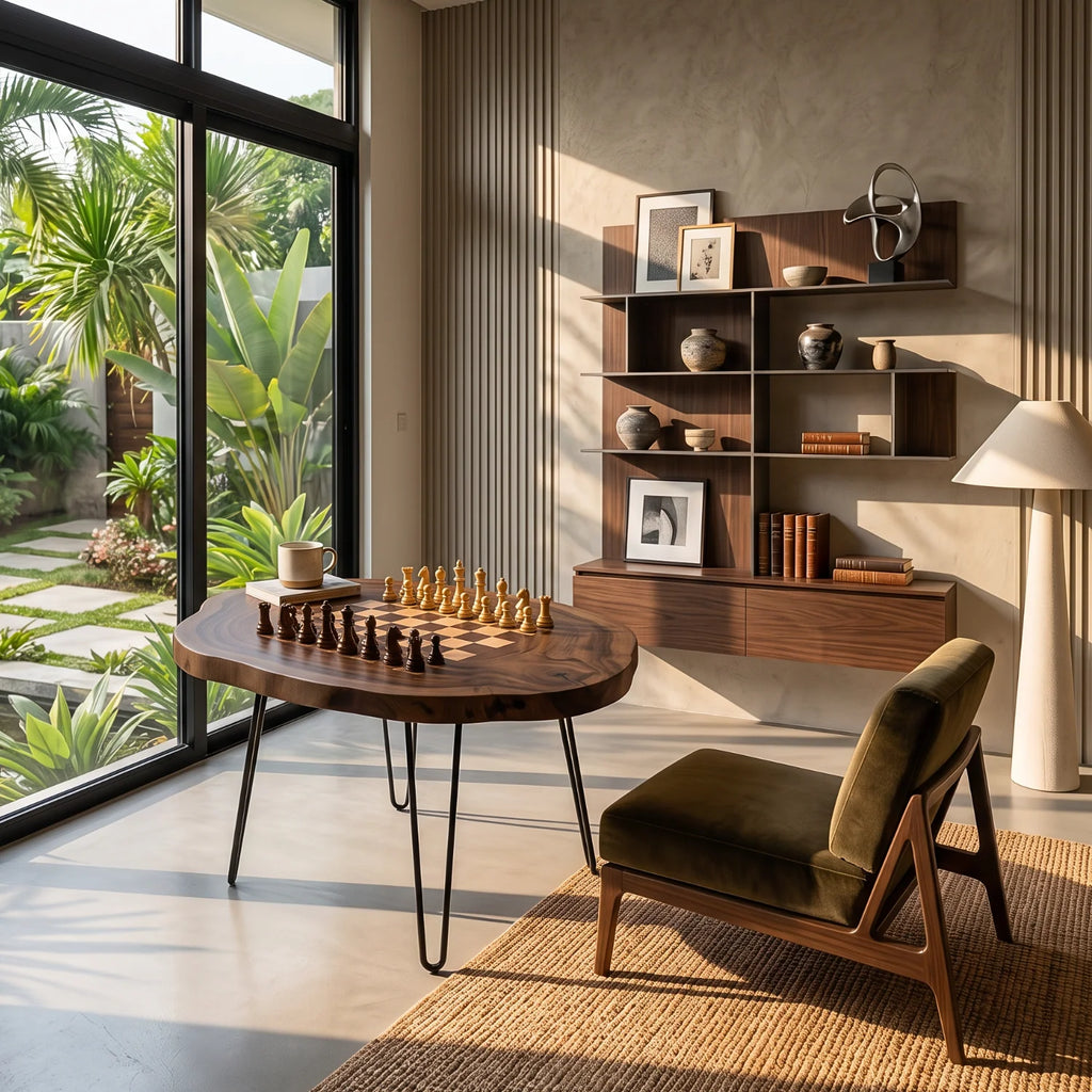 Organic Slab Top Chess Coffee Table with Hairpin Legs
