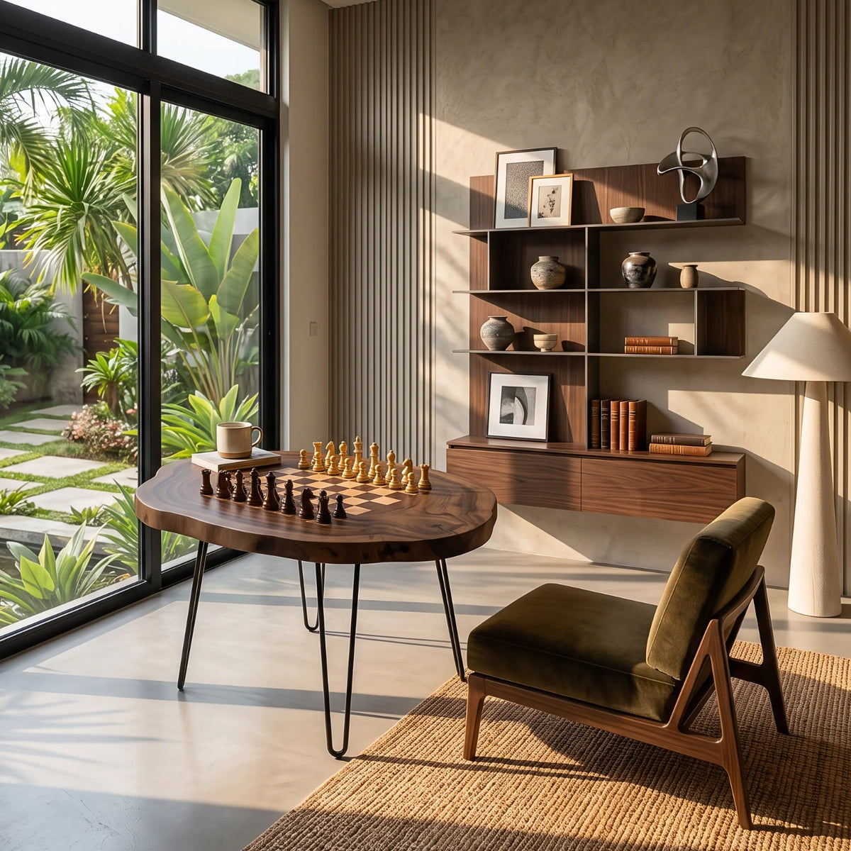 Organic Slab Top Chess Coffee Table with Hairpin Legs
