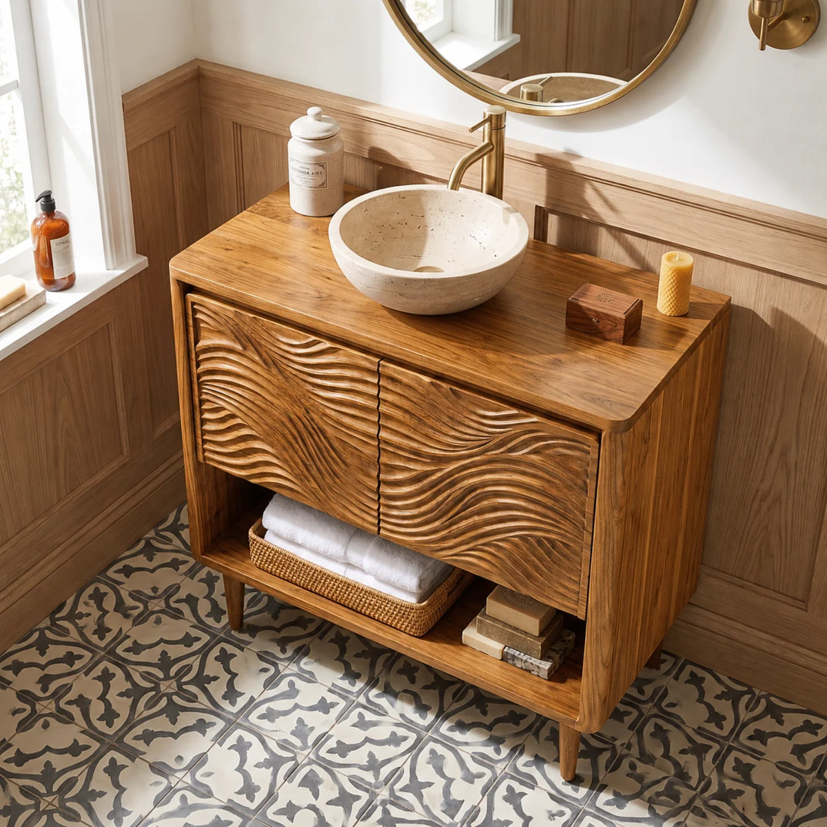 Solid Wood Bathroom Vanity with Carved Ripple Cabinet and Open Shelf for Powder Rooms