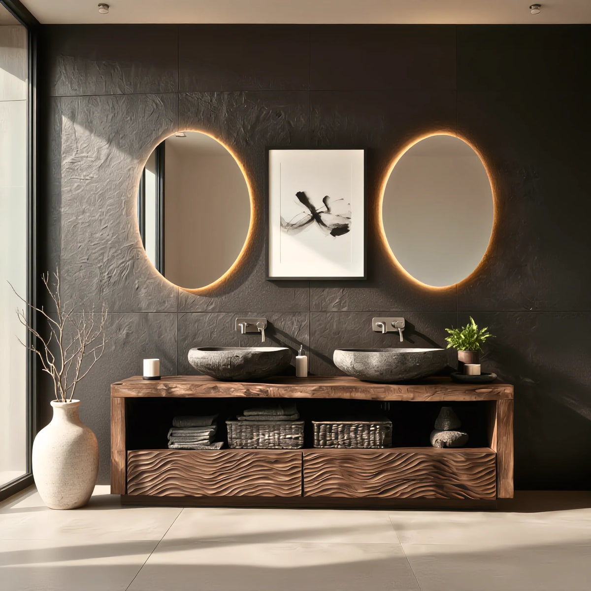 Solid Wood Double Bathroom Vanity with Carved Wave Drawers and Open Shelf Storage
