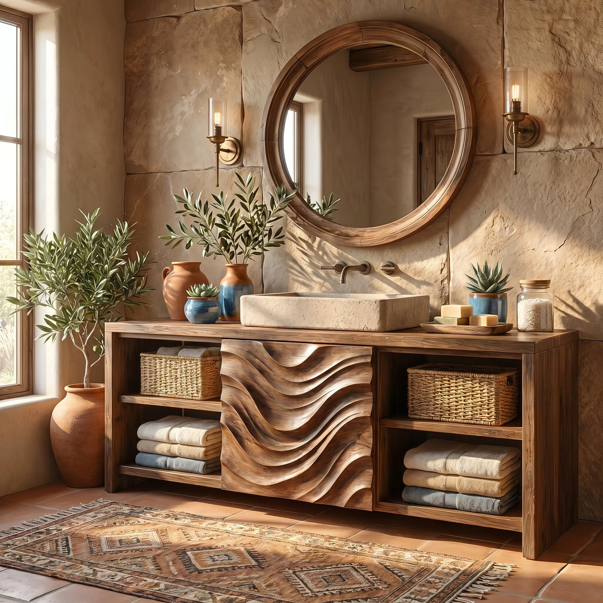 Solid Wood Bathroom Vanity with Carved Wave Panel and Open Shelf Storage