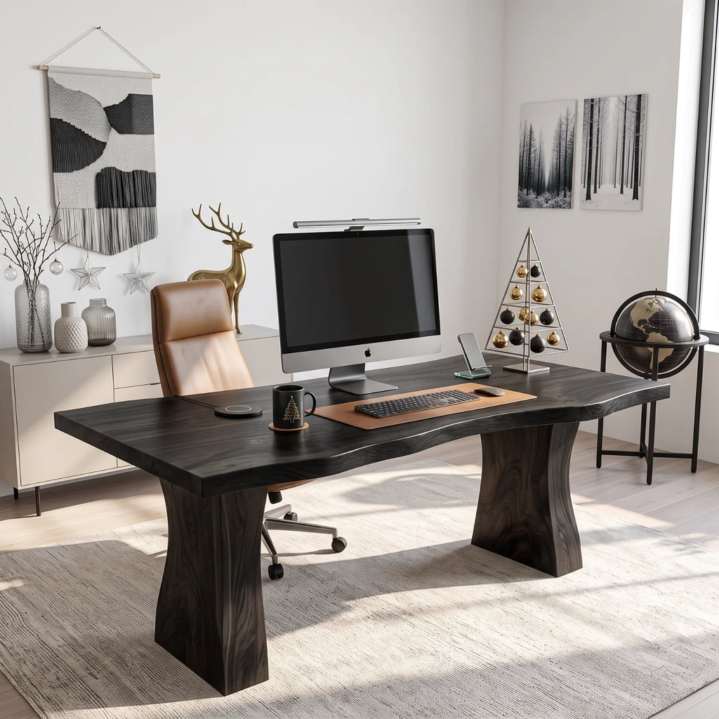 Handcrafted Live Edge Solid Wood Desk with Tapered Pedestal Legs – Modern Executive Desk