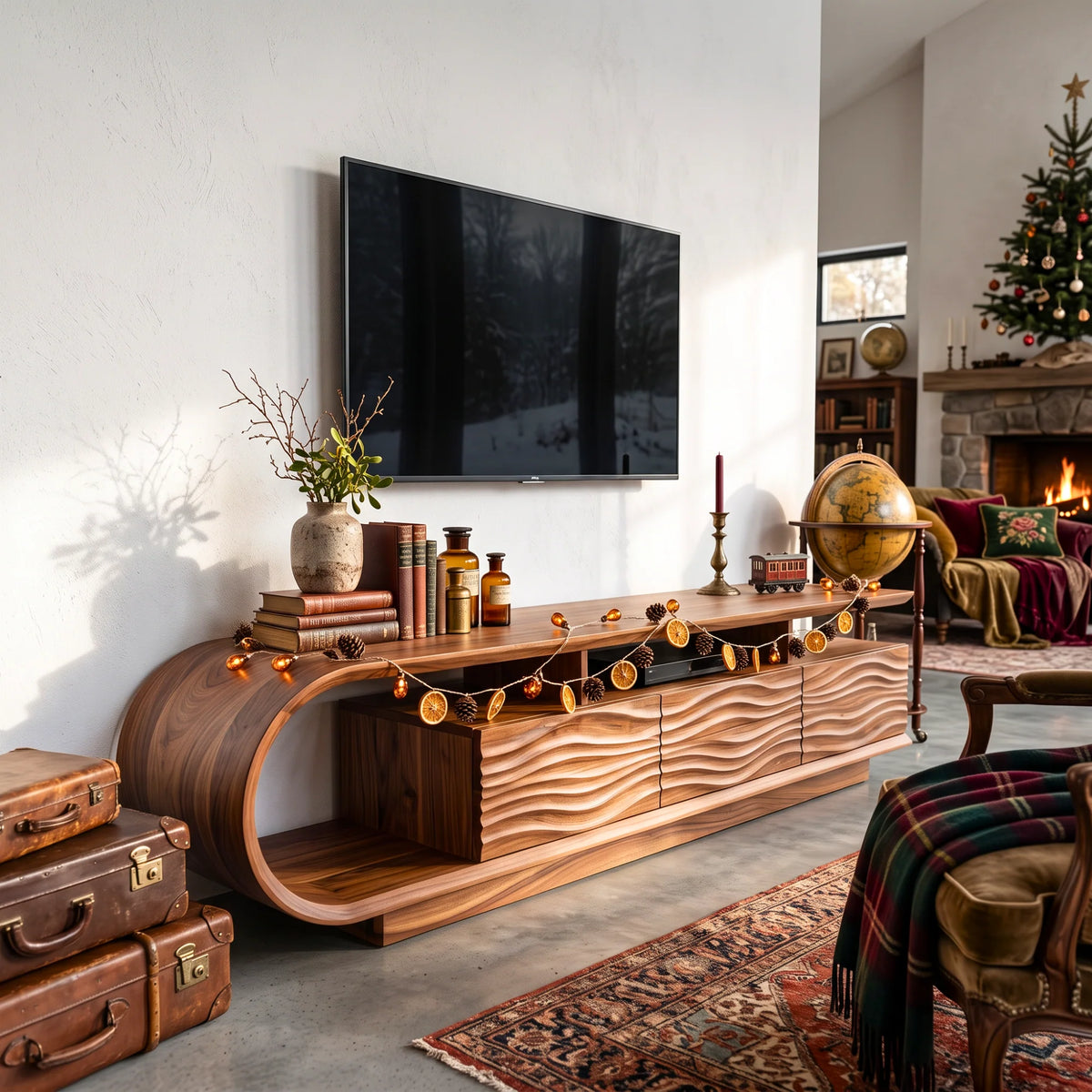 Waterfall Curve Solid Wood TV Stand with Sculpted Wave-Front Storage