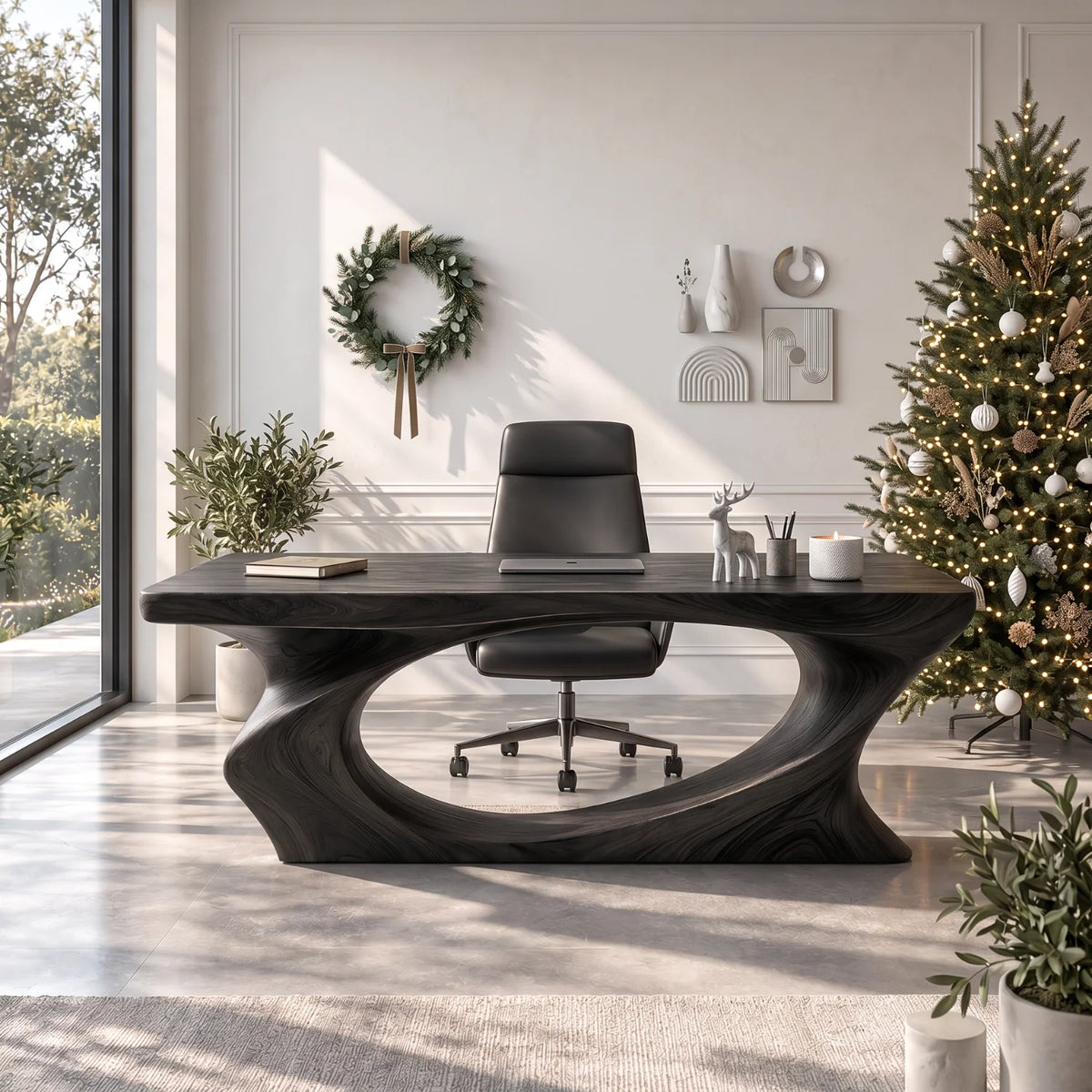Solid Wood Executive Desk with Sculptural Loop Base