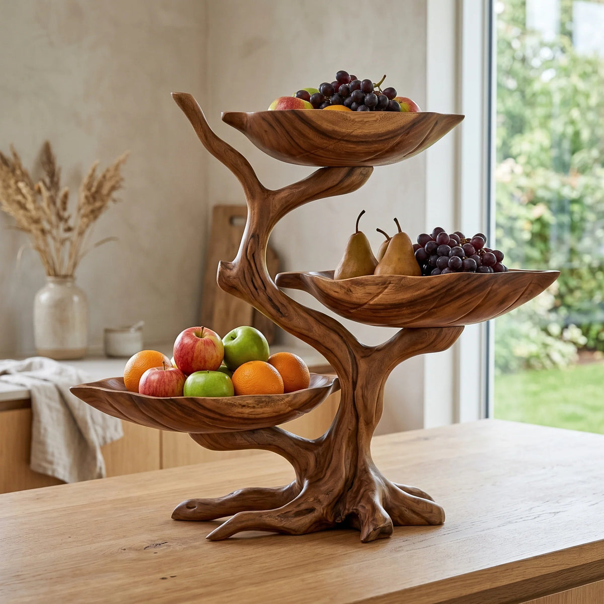 Solid Wood Three-Tier Fruit Display Bowl with Sculptural Branch Pedestal