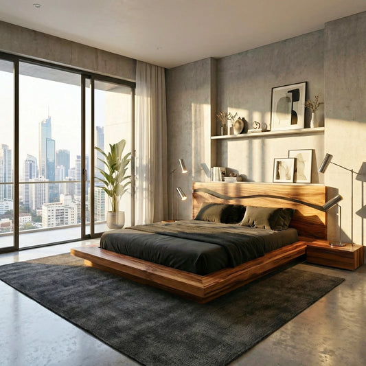 Solid Wood Platform Bed with Sculpted Wave Headboard – Modern Bed Frame for Contemporary Bedrooms