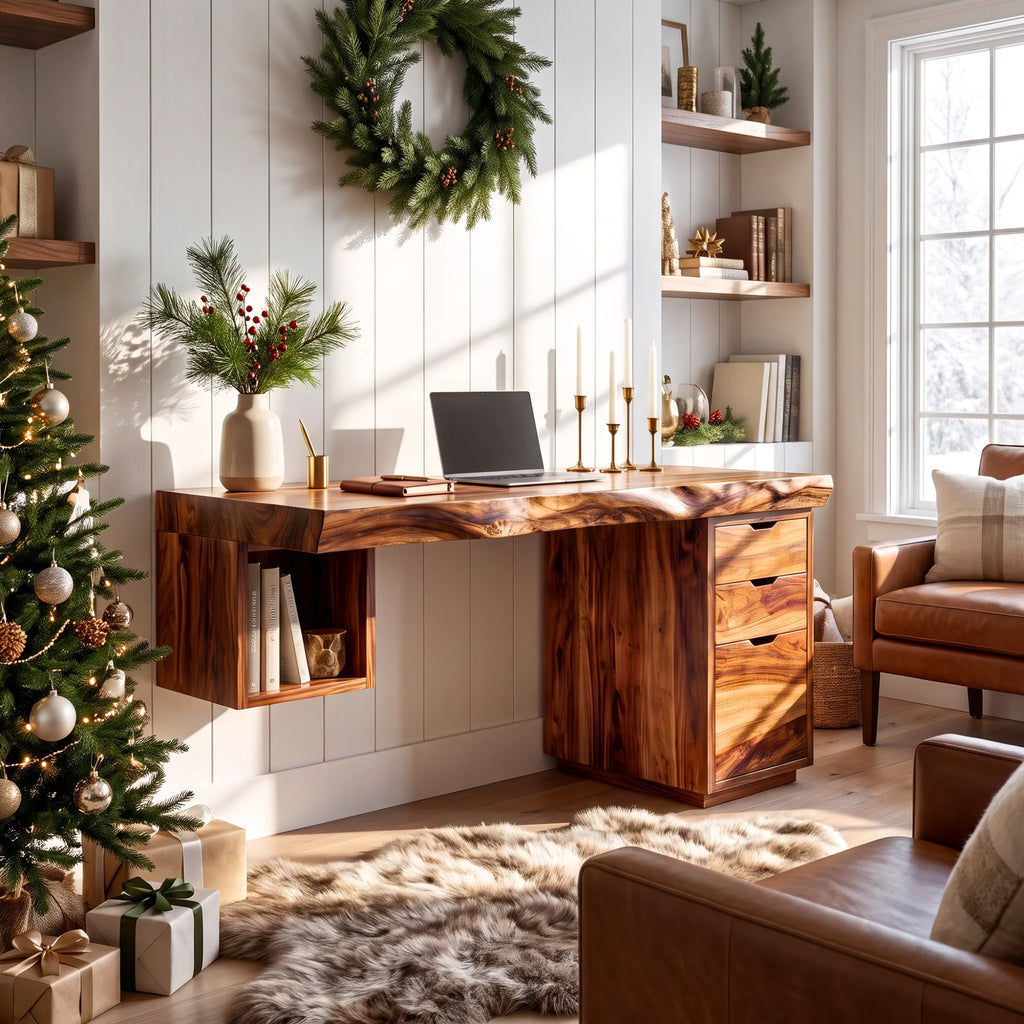 Solid Wood Desk with Drawers and Open Shelf
