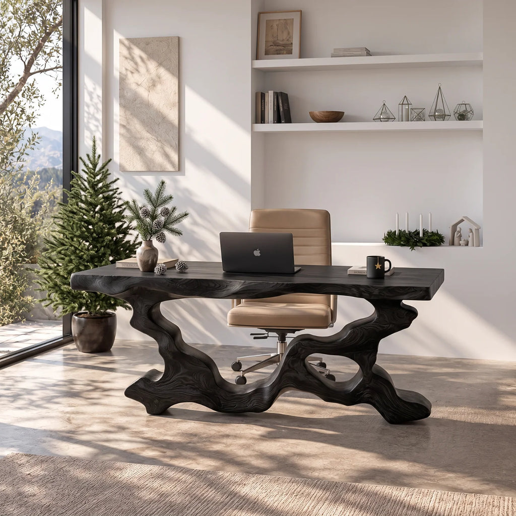 Live Edge Solid Wood Executive Desk with Sculptural Root-Style Frame – Luxury Office Furniture