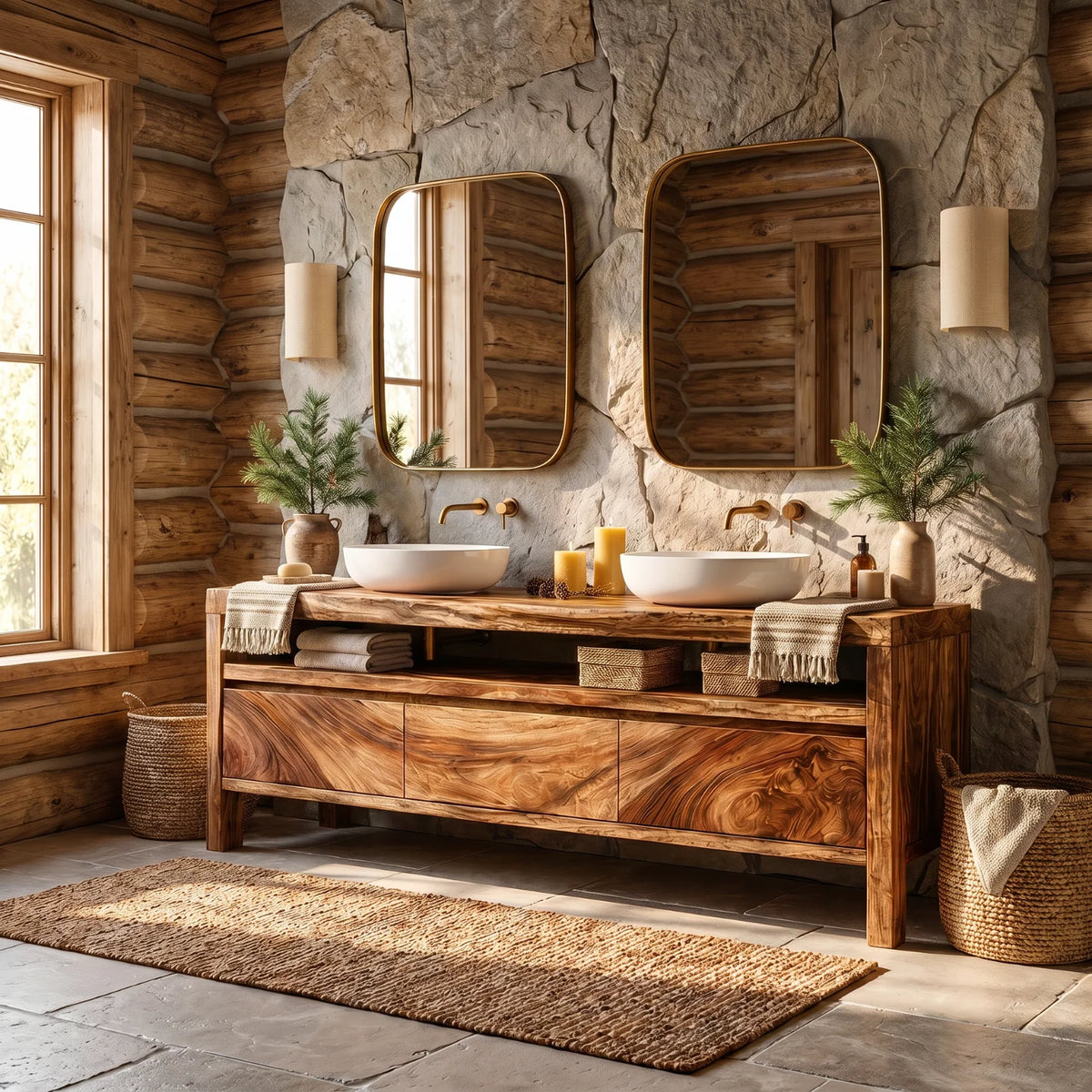 Solid Wood Double Sink Bathroom Vanity with Open Shelf Storage for Lodge Bathrooms