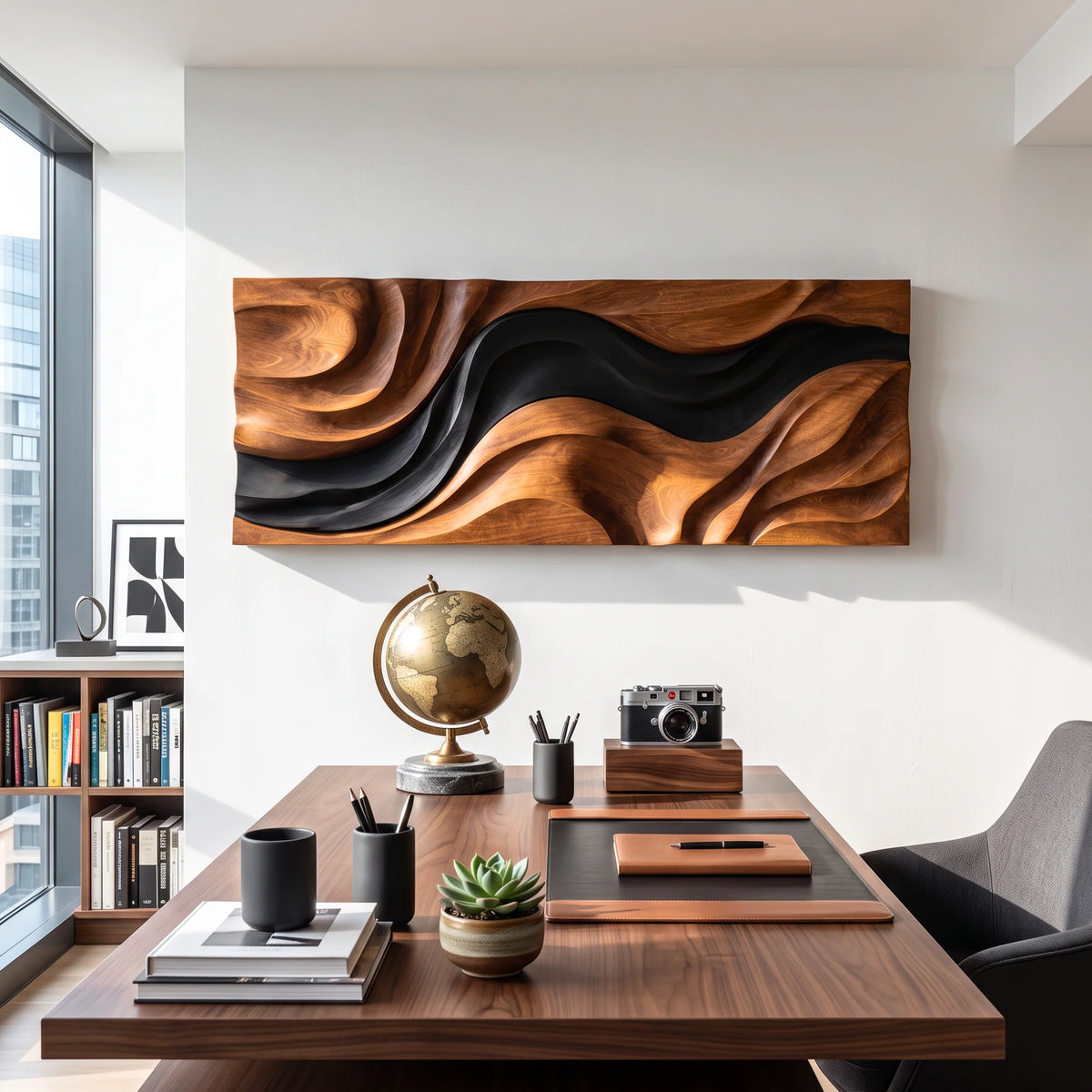 Abstract Wooden Wall Sculpture with Flowing Natural Wood and Black Layers