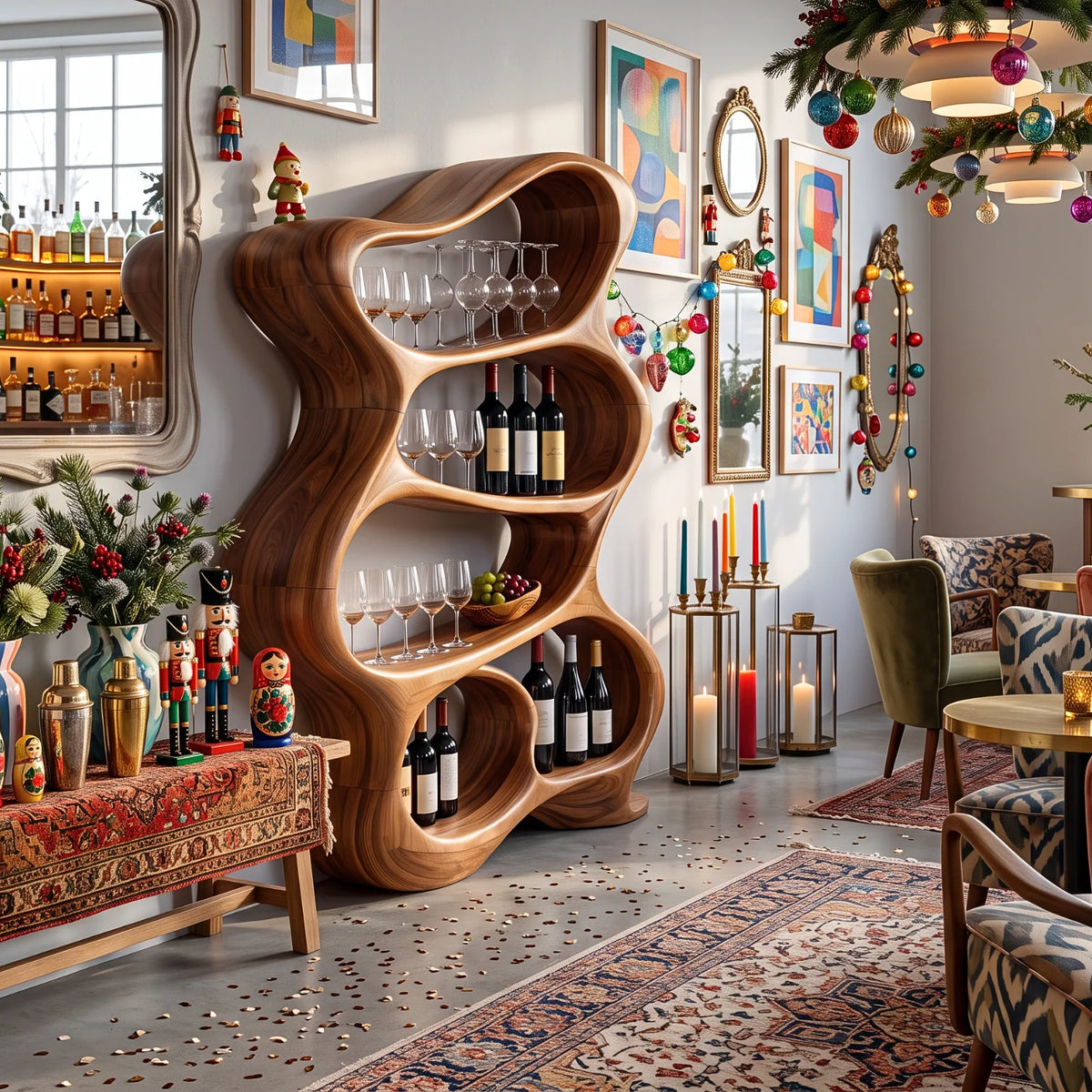 Handcrafted Solid Wood Wine Rack Cabinet with Sculptural Flowing Open Shelves