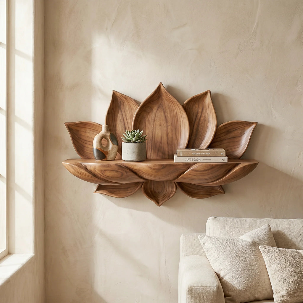 Handcrafted Lotus Petal Solid Wood Wall Shelf