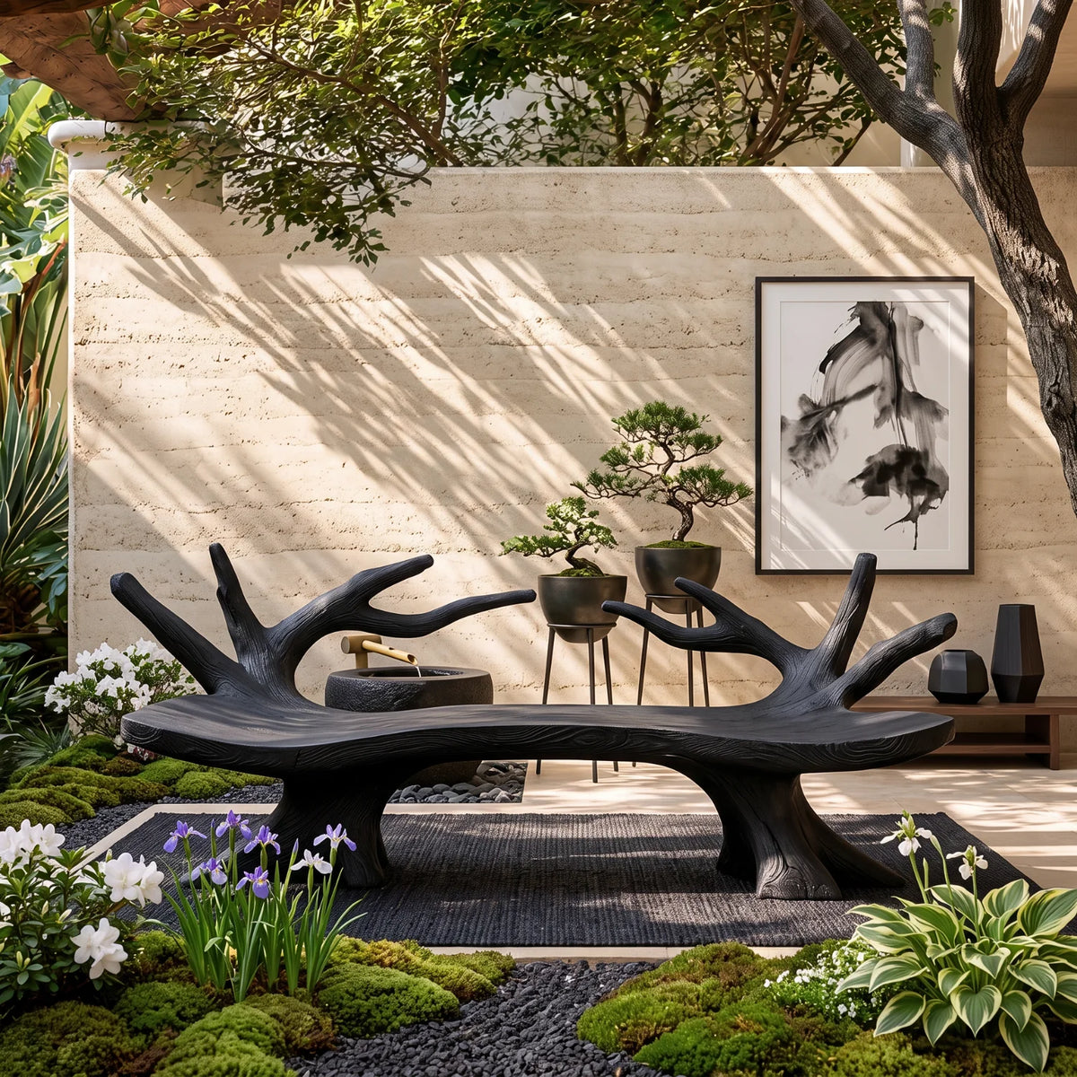 Branch Form – Solid Wood Garden Bench with Sculptural Root Base