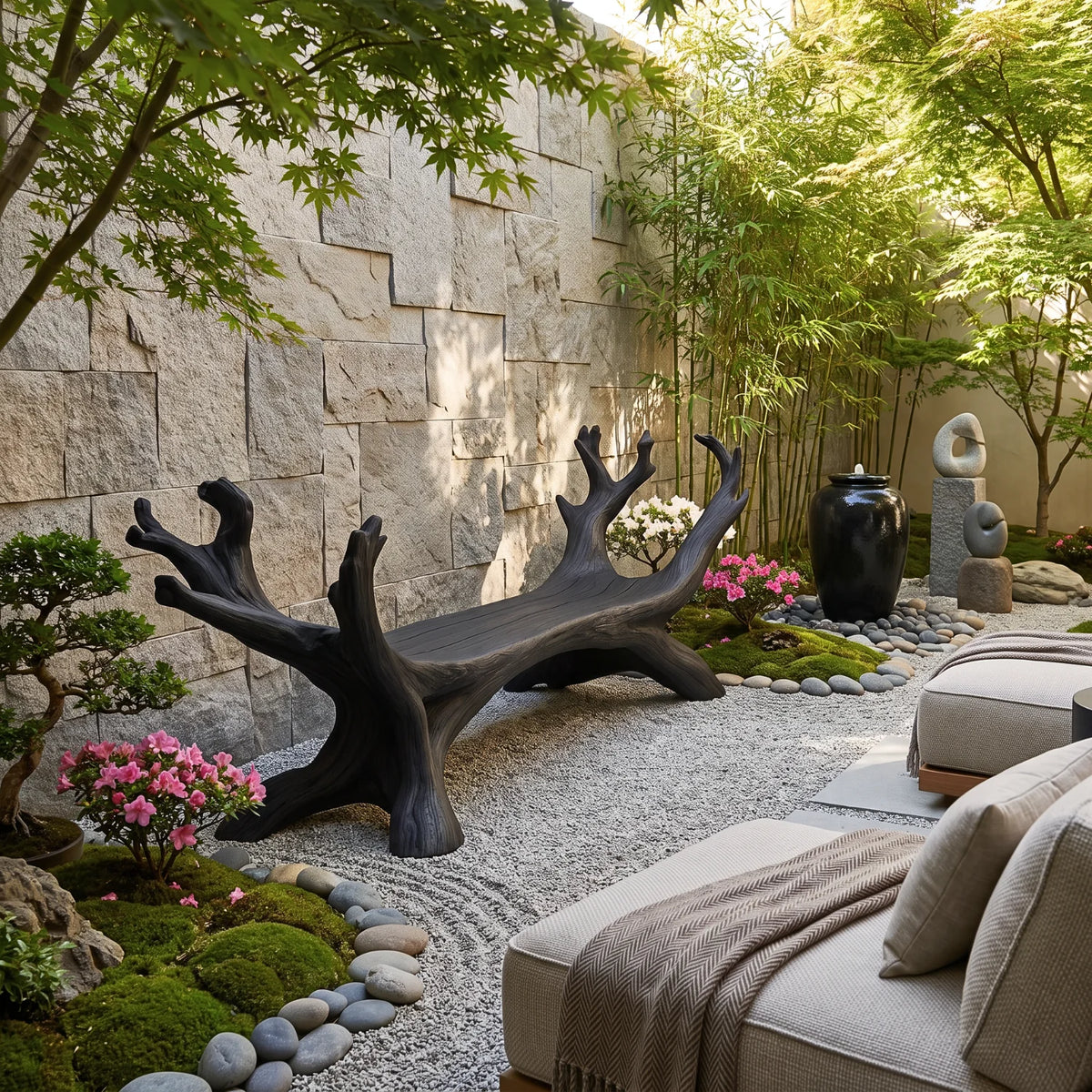 Branch Harmony – Sculptural Solid Wood Garden Bench with Branch-Inspired Frame