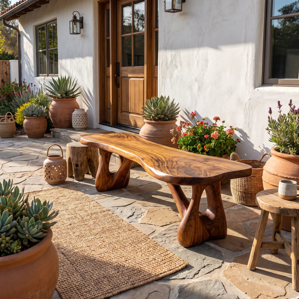 Sculptural Solid Wood Bench with Branch-Inspired Base and Flowing Live Edge Seat