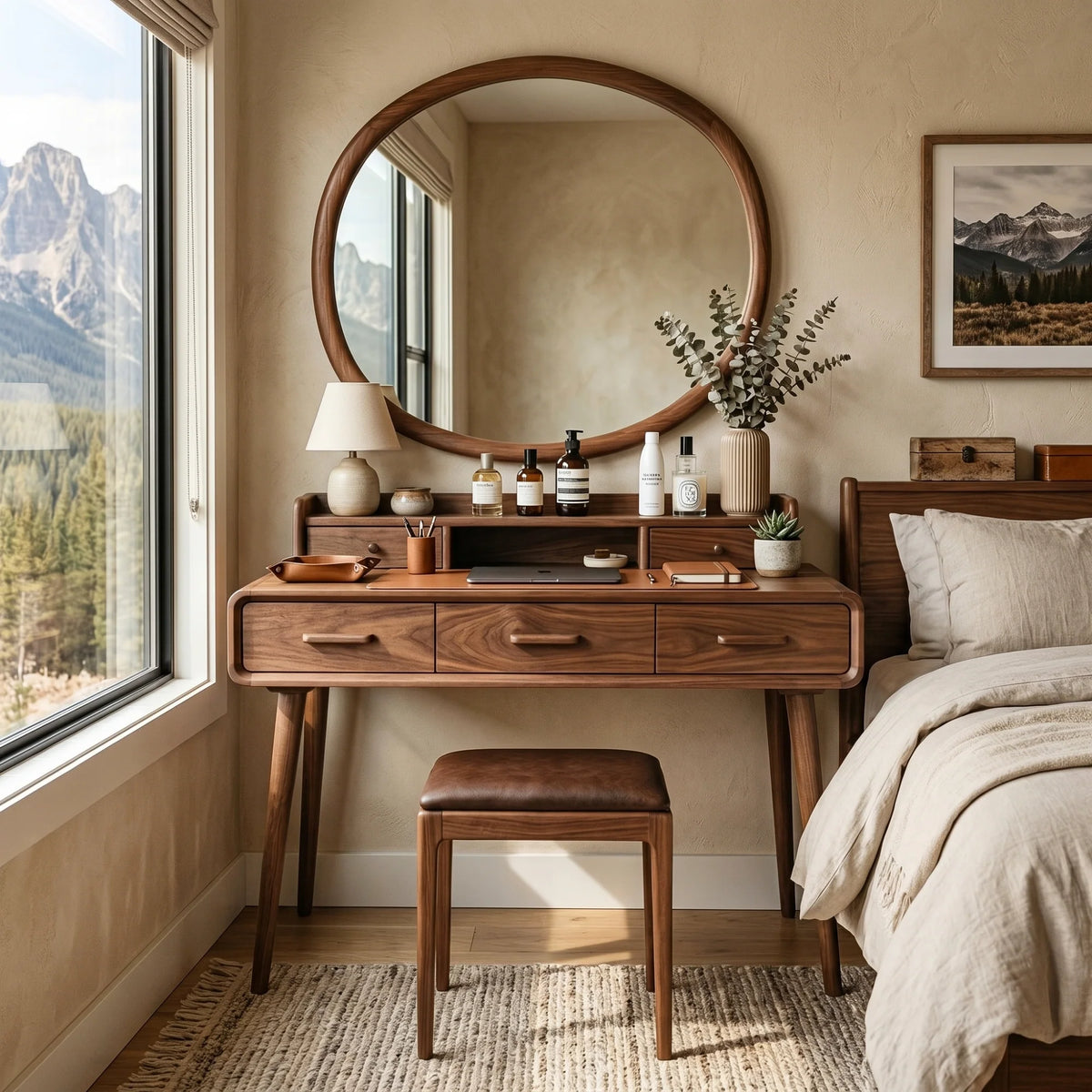 Solid Wood Makeup Vanity Table with Organizer Hutch and Spacious Storage Drawers