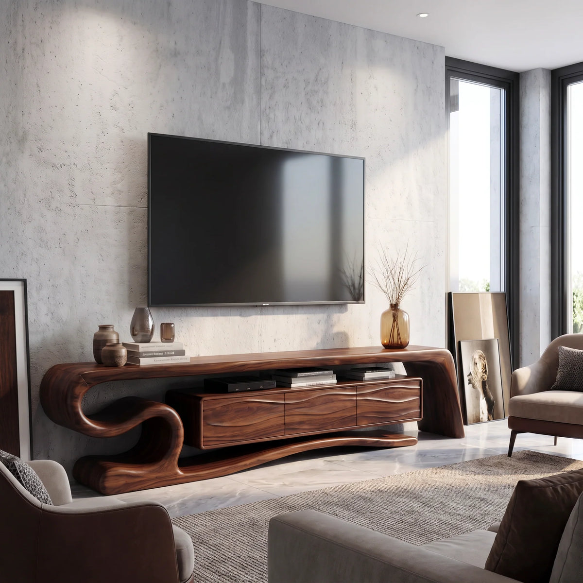 Sculptural Solid Wood TV Stand with S-Curve Frame and Wave-Grain Cabinet