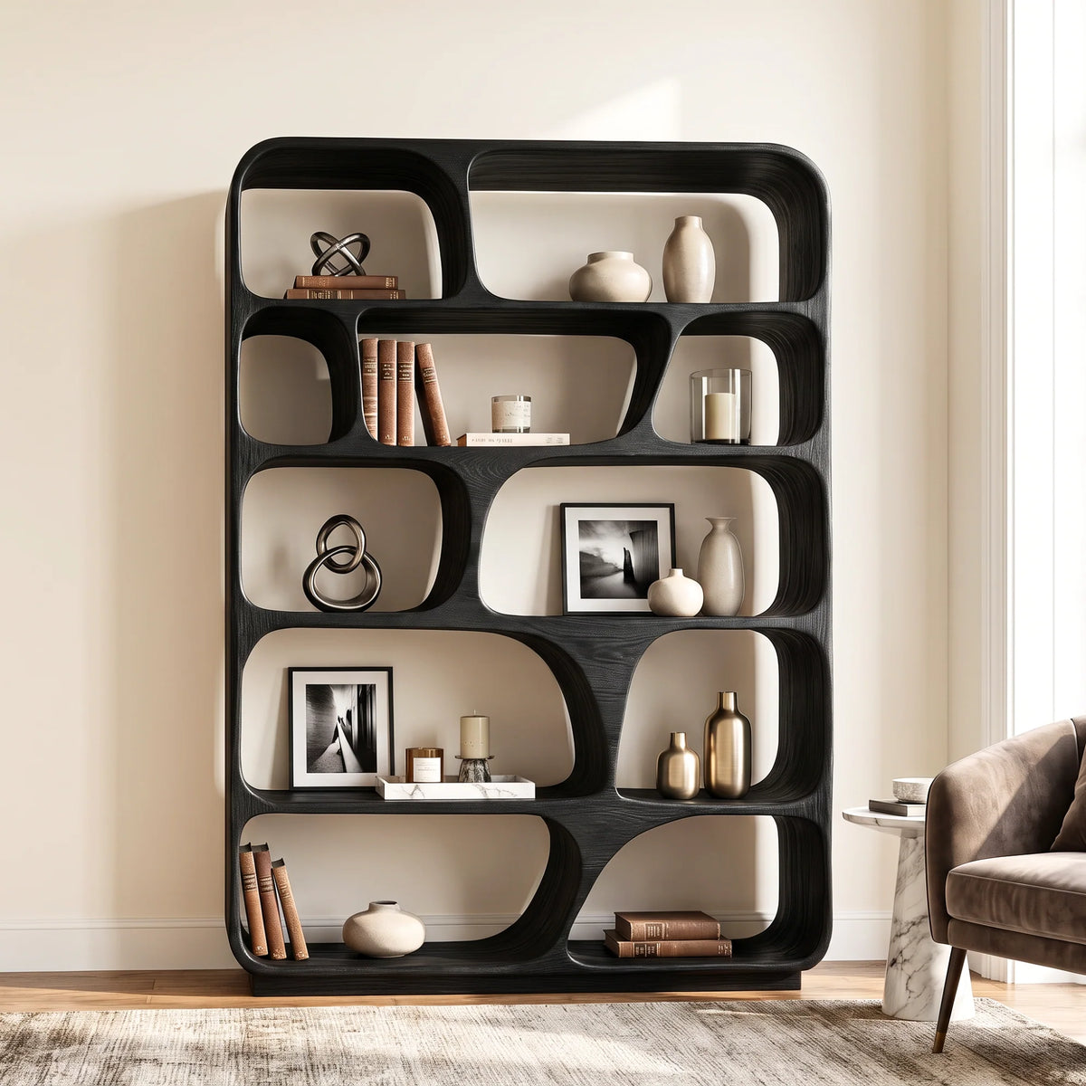 Organic Grid – Rounded Solid Wood Bookcase with Open Display Compartments