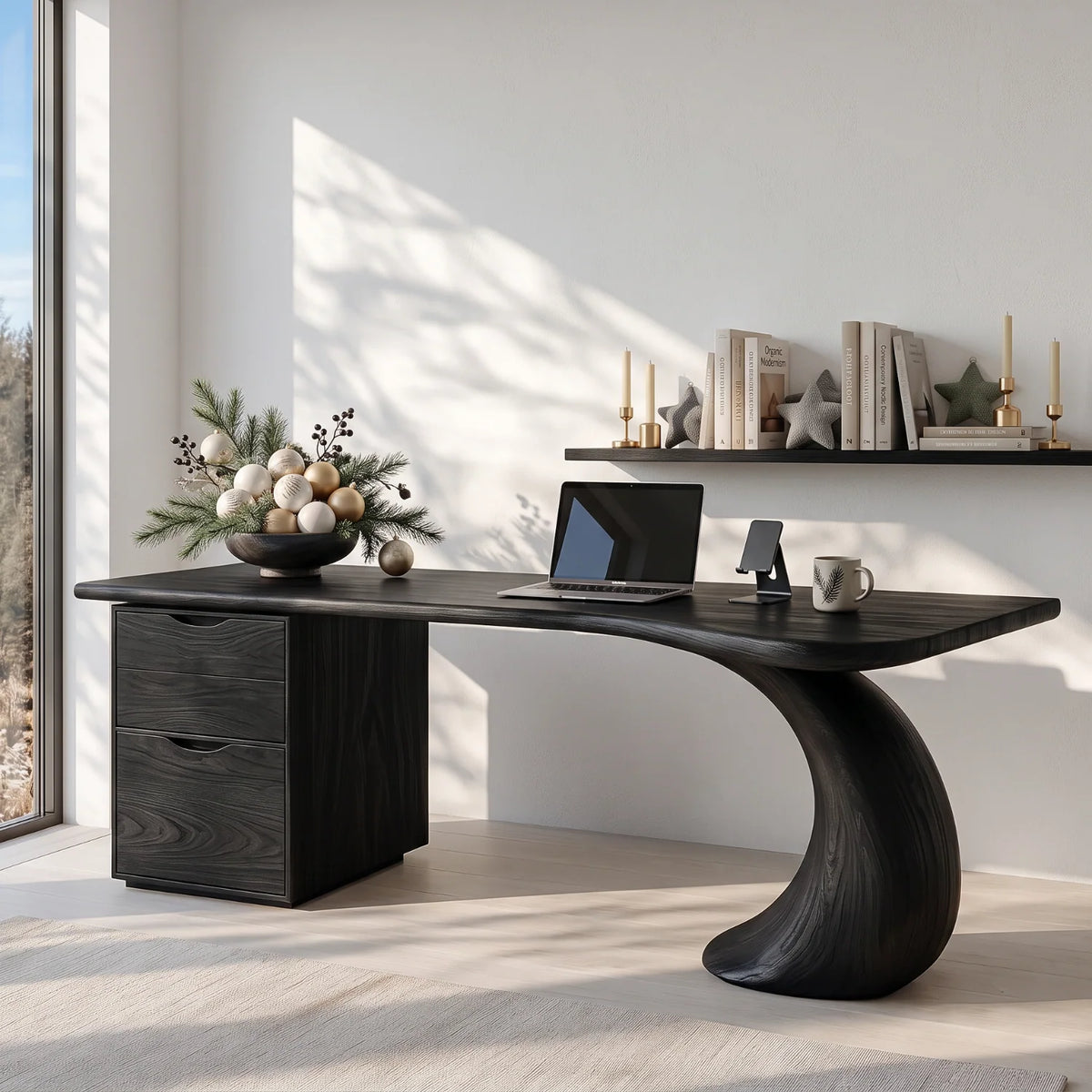 Organic Solid Wood Desk with Curved Leg and Two Drawers