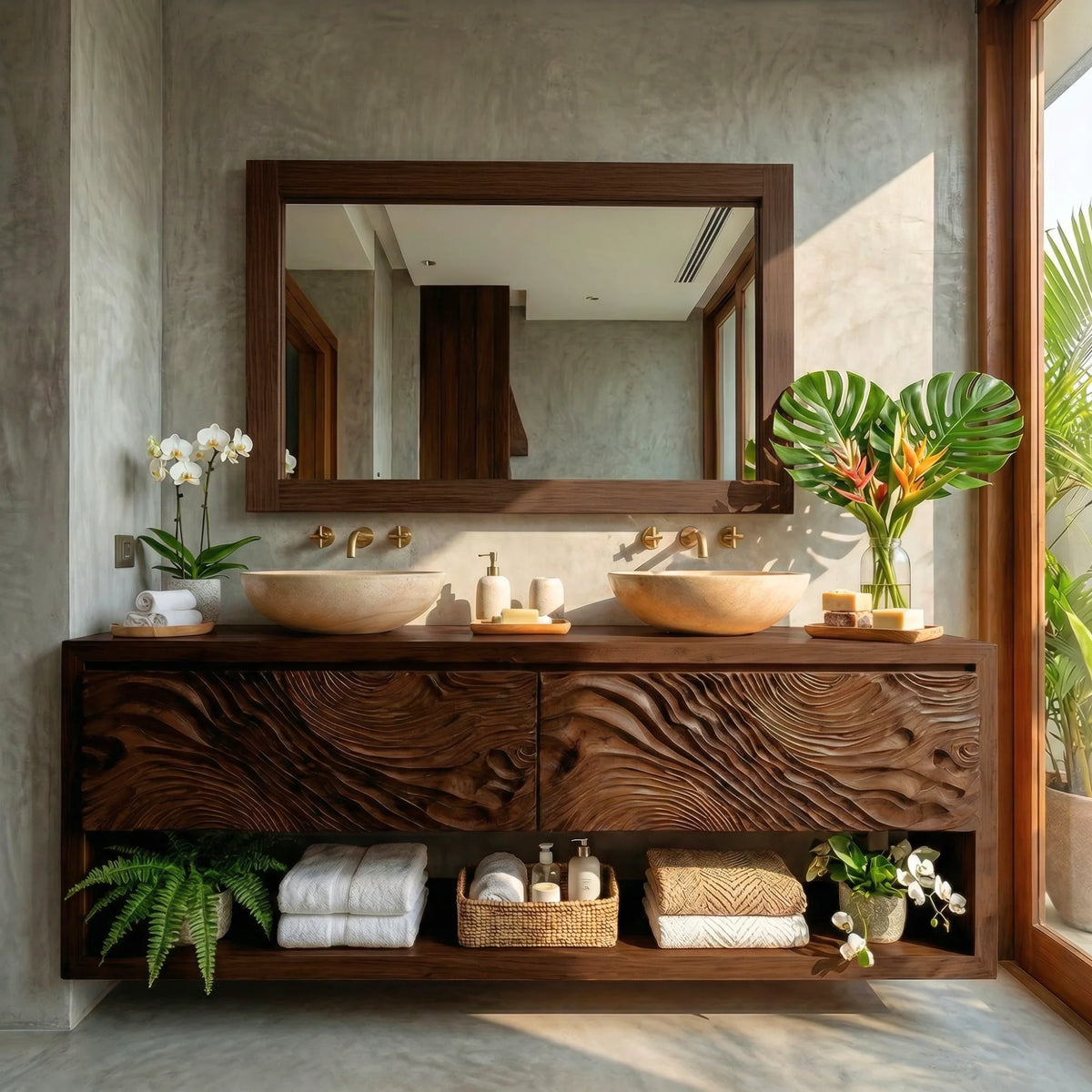 Solid Wood Double Bathroom Vanity Cabinet with Carved Wave Front and Open Storage Shelf