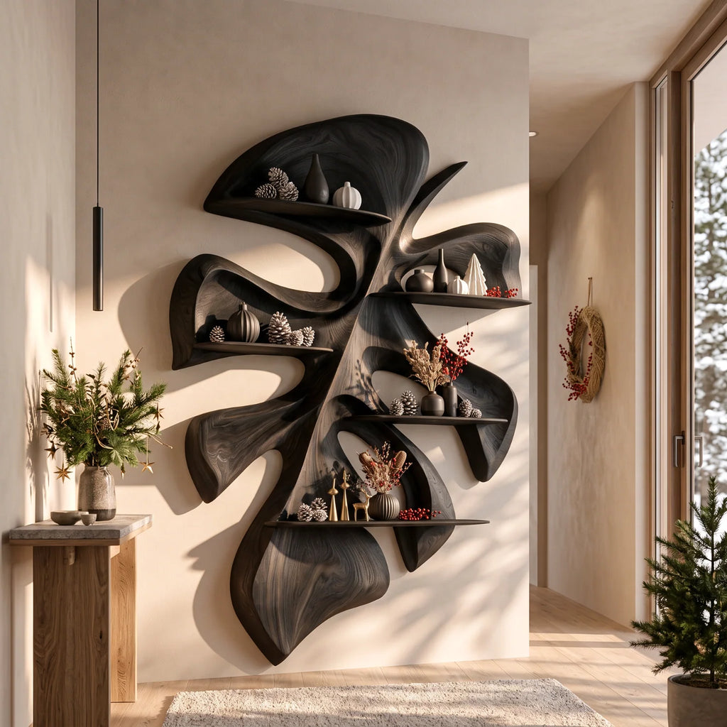 Tropical Leaf Sculptural Solid Wood Floating Shelf