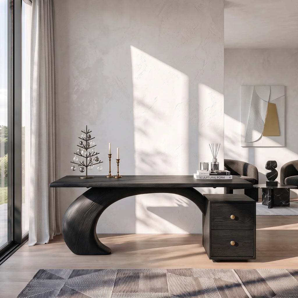 Sculptural Solid Wood Desk with Curved Base and Two Drawers