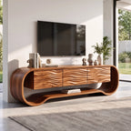 Sculptural Ribbon-Frame Solid Wood TV Console with Wave-Carved Doors