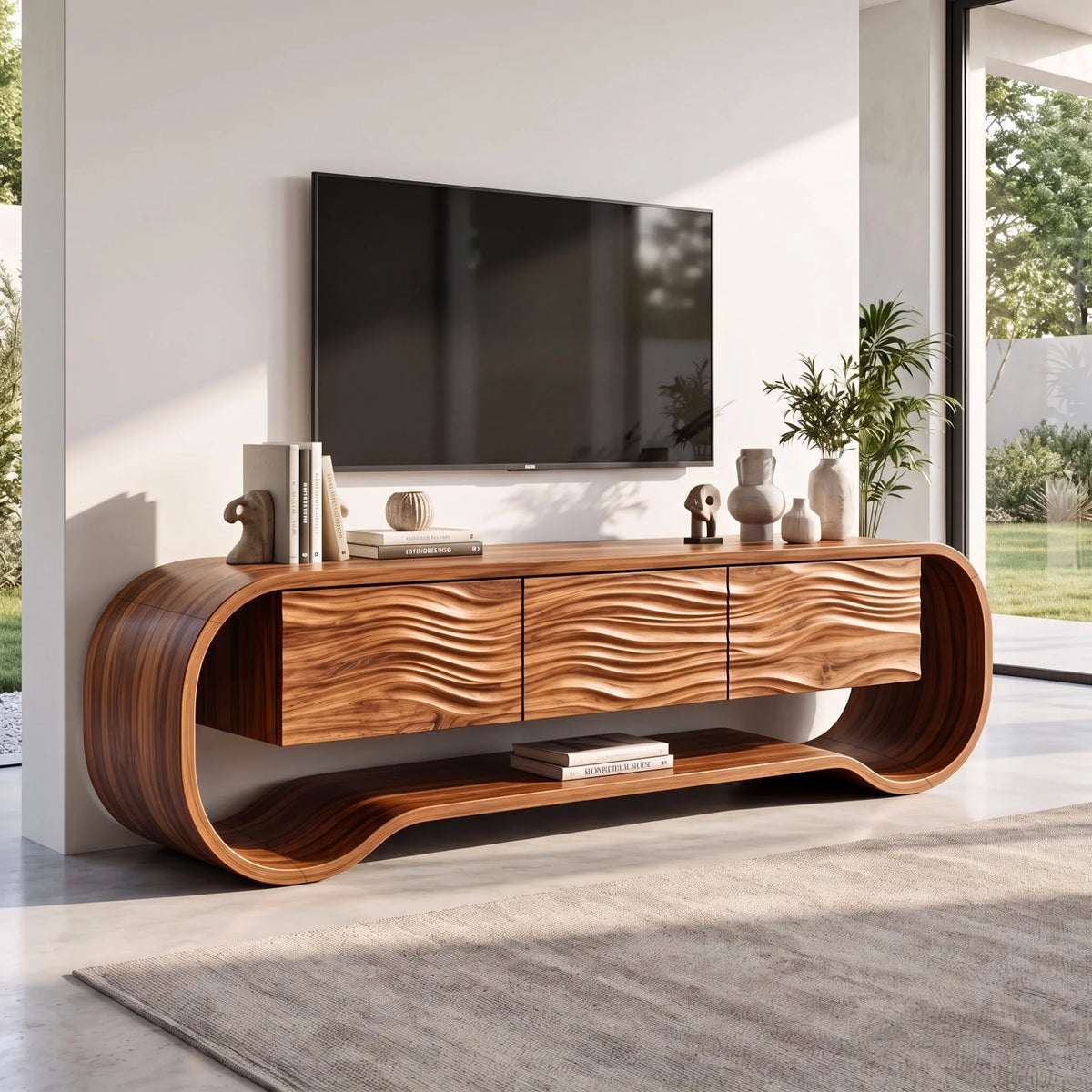 Sculptural Ribbon-Frame Solid Wood TV Console with Wave-Carved Doors