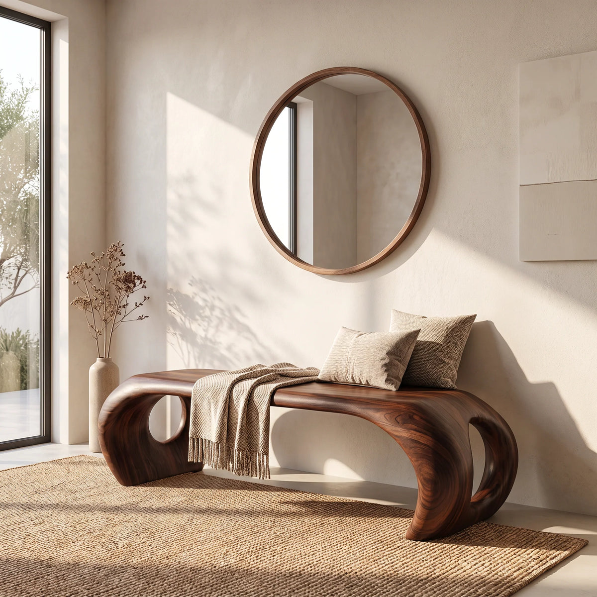 Sculptural Solid Wood Bench with Loop Base and Flowing Organic Live Edge Seat
