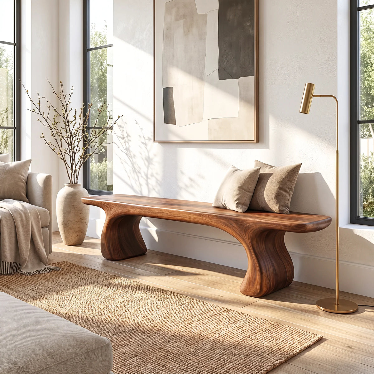 Sculptural Solid Wood Bench with Curved Base and Organic Live Edge Seat